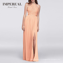 Open-Back Lace and Mesh Strip Women Plain Chiffon Long Peach Bridesmaid Dress